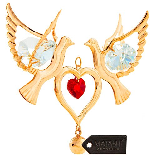 24K Gold Plated Crystal Studded Love Doves Hanging Ornament by Matashi (Red Crystals)