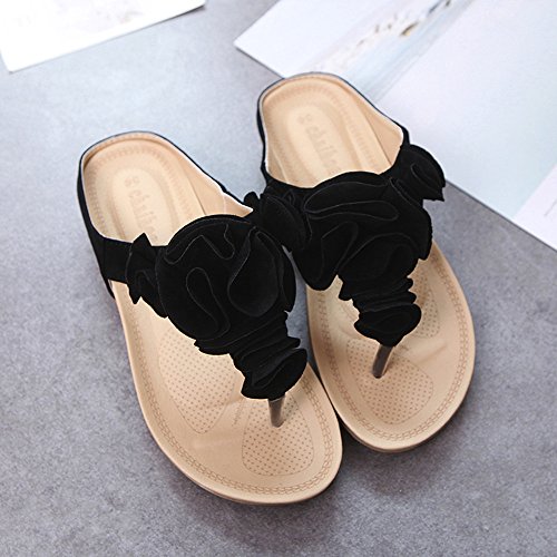 Women's Casual Sandals,Sunyastor Lady Summer Beach Flip Flops Outdoor Slippers Casual Flat Shoes Lady Pretty Floral Sandals Black