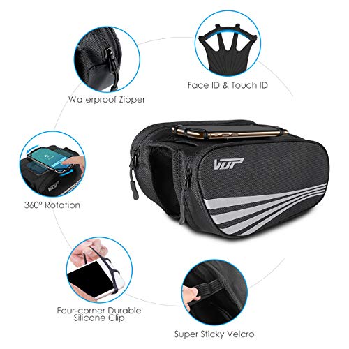 VUP Bike Top Tube Bag, Waterproof Front Frame Bike Bag with Large Storage, Universal Bicycle Motorcycle Handlebar Bag Fits All 4"-6.5" Cellphones for iPhone, Samsung, LG, Google, Nubia, HTC and More