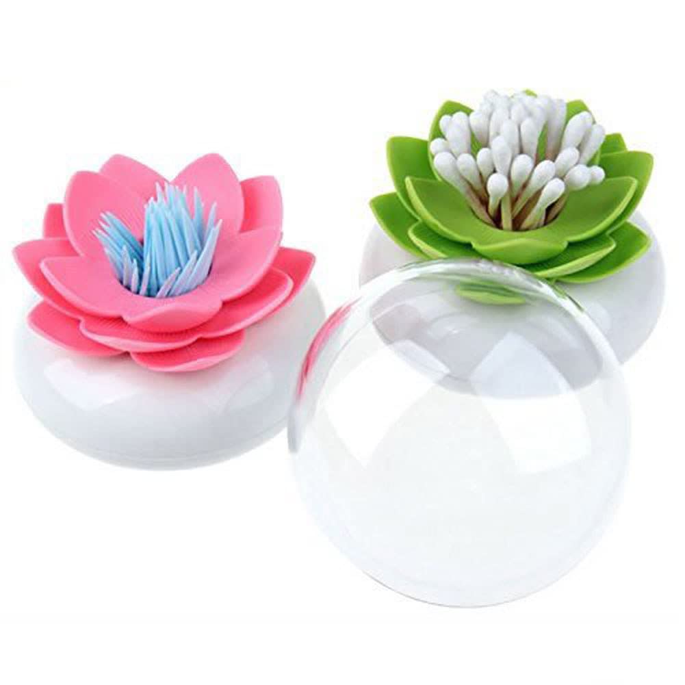Lotus Cotton Swab Holder,Cotton Bud Small Q-tips Toothpicks Brushes Holder Box Case Storage Organizer Jar with Clear Lid Dustproof Cover (Pink + Green)