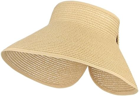 Cloudkids Women Straw Wide Brim Roll up Foldable Sun Hat Visor Cap Beige