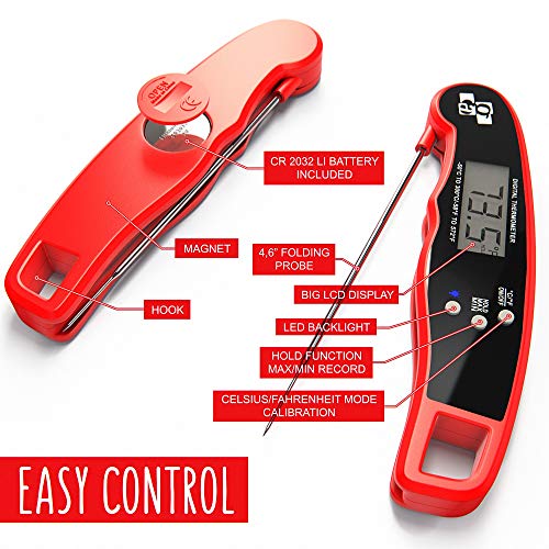 GA Digital Meat Thermometer - Ultra Fast IP67 Waterproof Food Thermometer - Outdoor Cooking Thermometer for Grill BBQ - Folding Metal Kitchen Grilling Thermometer