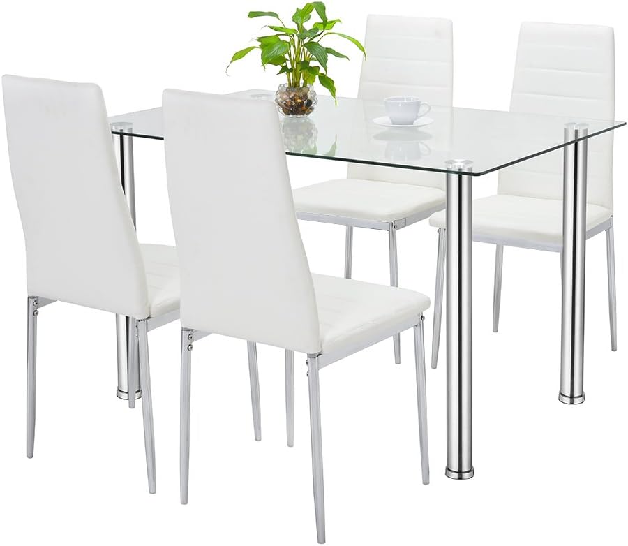 Modern Glass Dining Table Set and 4 Faux Leather White High Back Dining Chairs