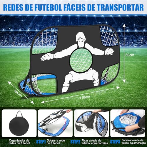 2 em 1 Gol Dobrável Duplo Treino com Goleiro Portátil, 120 x 80 x 80 cm Rede de Alvo de Gol de Futebol, Trave Futebol com Rede Reforçada, Equipamento de Treinamento de Redes de Futebol