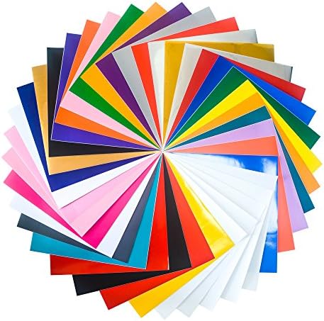12"x12" Permanent Assorted Adhesive Vinyl Sheets (34 Sheets) for Silhouette Cameo, Cricut, Craft Cutters, Letters, Decals and Sign Plotters ( Included 4 Sheets of Transfer Paper)