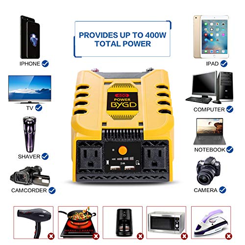 BYGD Car Power Inverter 400W 12V DC to 110V AC Converter with 2 Outlets and Dual 2.4A USB Ports Fast Car Charger Adapter(400W)