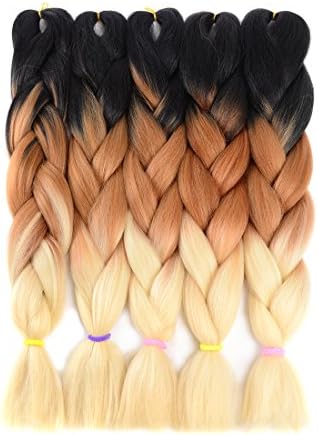 Synthetic Braiding Hair Extensions Kanekalon Hair Ombre Twist Braiding Hair High Temperature Hair Extensions 5Pcs/Lot 100g/Pc 24" (Black/Brown/613)