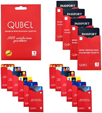 RFID Blocking Sleeves (Set of 16: 12 Credit Card Protectors & 4 Passport Protectors) Tear Proof, Waterproof, Smart Slim Design. Fits Any Wallet/Purse. Premium Identity Theft Protection (Red) by Qubel