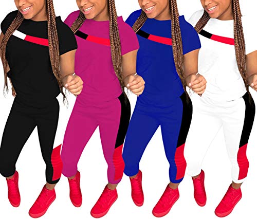 Womens Sexy Sports Outfit Set Short Sleeve Crop Shirt Bodycon Pants Joggers Clubwear Tracksuit Set Black L