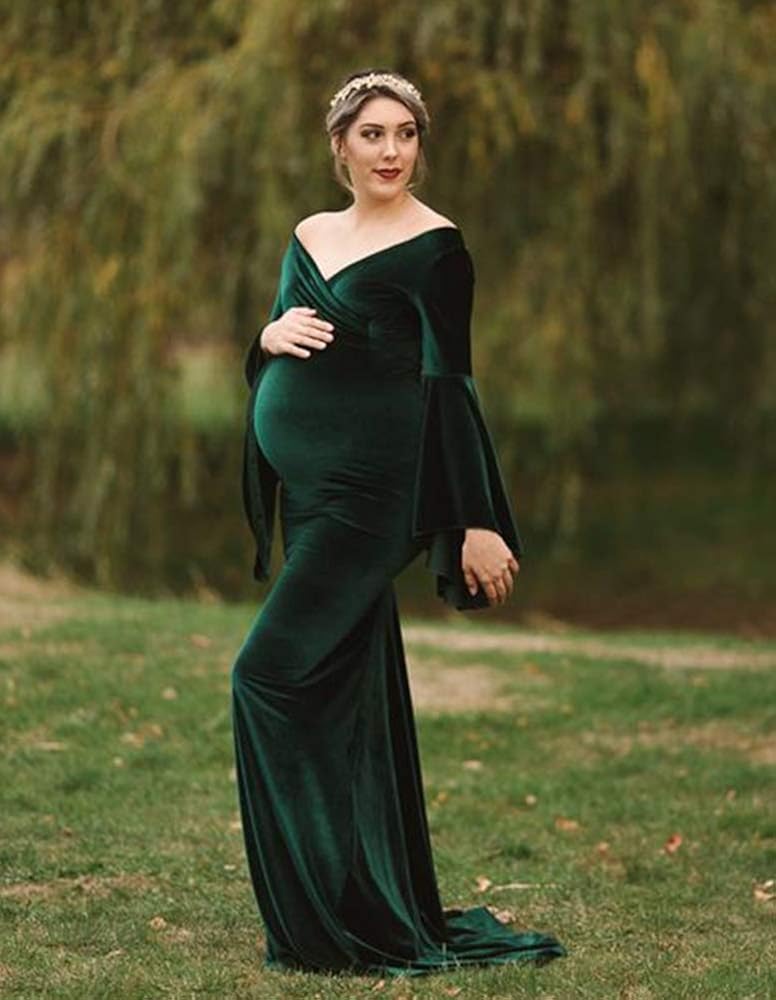 Promworld Women's Mermaid Long Sleeve Velvet Maternity Dresses for Baby Shower Photography at  Women’s Clothing store