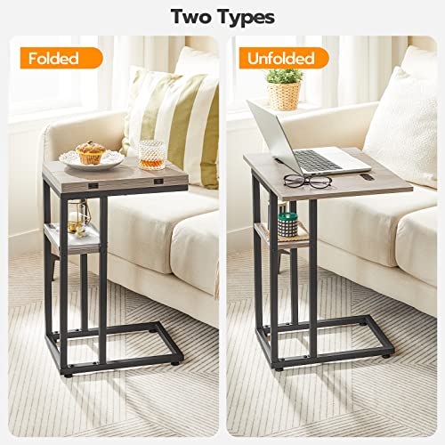 HOOBRO C-Shaped Side Table for Living Room, C Shaped Sofa End Table with Storage Shelf, Slim Couch Snack Table for Small Spaces, Foldable Tabletop, Easy Assembly, Greige and Black EBG29SF01