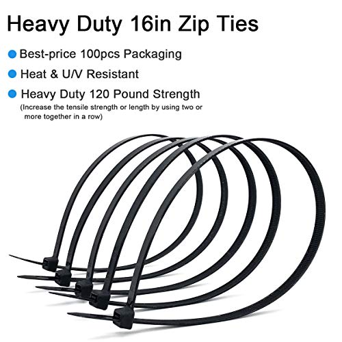 120lb Zip Ties Heavy Duty, 16" x 0.3" Ultra Strong Black Plastic Tie
