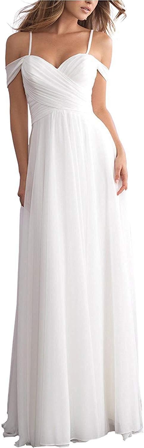 Nitree Women's Sweetheart Cold Shoulder Pleated Chiffon Long Prom Wedding Dress Bridal Gown