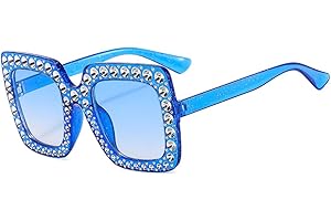 IKANOO Oversized Crystal Sunglasses for Women Square Thick Frame Bling Rhinestone Sparkling Glasses