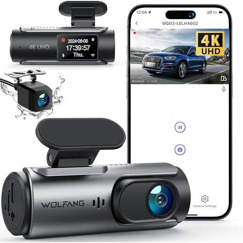 WOLFANG 4K Dashcam Voiture Avant Arrière, Wi-FI Caméra Voiture, Grand Angle 170° G-Capteur, Caméra Embarquée Voiture avec Mode Stationnement 24H, Vision Nocturne, Enregistrement en Boucle