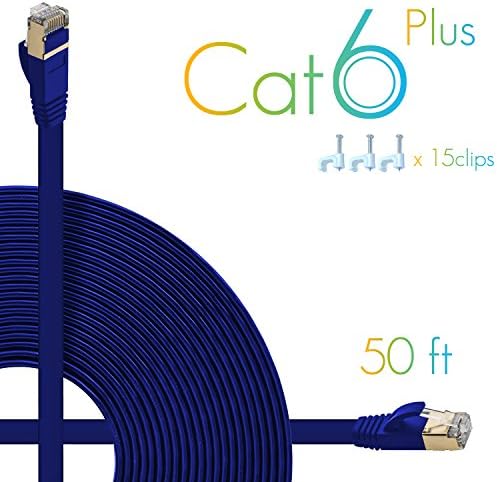 AOFORZ - Ethernet Cable Cat6 Plus 50ft - Blue Flat High speed Internet Network cable with Cable Clips - Computer Cable With Snagless Rj45 Connectors - 50 feet Blue (15 Meters)