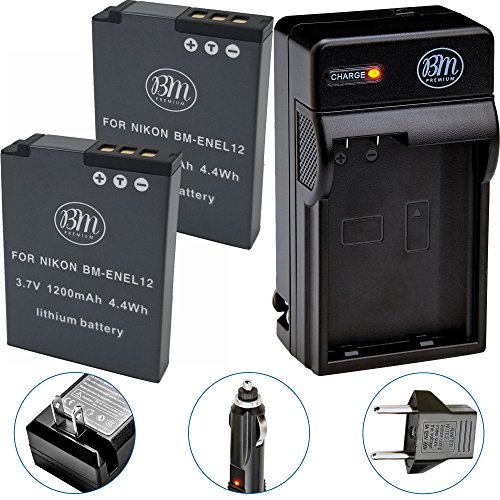 BM Premium 2 EN-EL12 Batteries and Charger for Nikon Coolpix A1000 B600 W300 A900 AW100 AW110 AW120 AW130 S6300 S8100 S8200 S9050 S9200 S9300 S9400 S9500 S9700 S9900 P310 P330 P340 KeyMission 170, 360