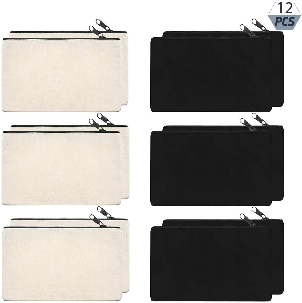 Auidy_6TXD 12 Pcs Canvas Zipper Bags Multi-Purpose Makeup Pouch Bags Blank DIY Craft Bags for Makeup Travel Party Gift Organize Storage