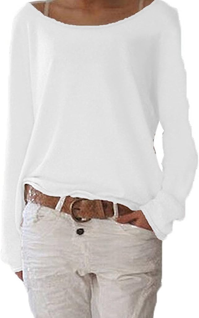 ANDERINA Women Sexy Casual Blouse, Spring Autumn Loose Round Neck Long Sleeve Tops Jumper T-Shirt White M