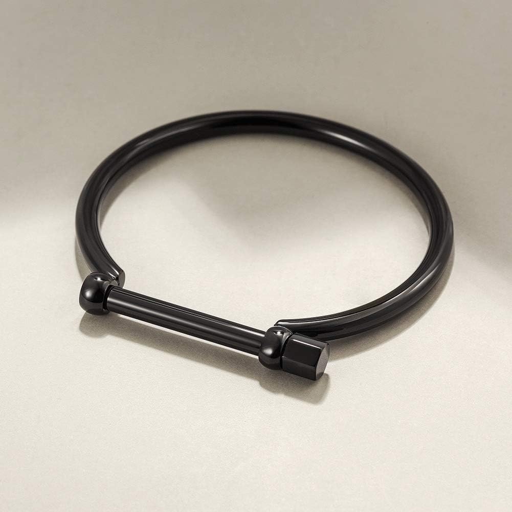 WISTIC Gold Cuff Bangle Bracelet D-Shape Screw Bar Bangle Bracelet for Women Men (Mens Screw Bar Bangle (Black)): Clothing