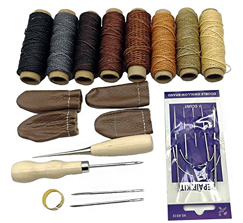 HanTof 24 Pieces Leather Craft Tools with 8 Colors Leather Sewing Waxed Thread Hand Sewing Needles Drilling Awl and Thimble for Leather Upholstery Carpet Canvas DIY Sewing
