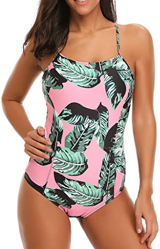 SESY Womens One Piece Swimsuits Sexy Crossing Ties Pink Green Leaves Print Swimwear