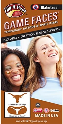 University of Texas (UT Austin) Longhorns – Waterless Peel &amp; Stick Temporary Tattoos – 12-Piece Combo – Eye Strips