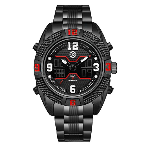 LEAP X PIONEERS Men's Waterproof Sport Dual Watch Backlight Wrist Watch with Stainless Steel Band Red FLPB36GBBR
