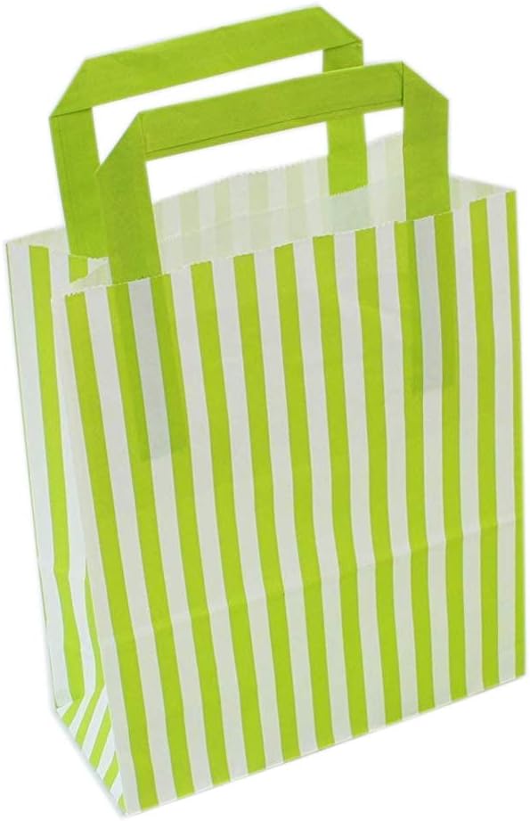 We Can Source It LtdLime Green Candy Stripe Paper Carrier Bags - SOS Block Bottom Kraft Paper Bags with Tape Handles - Biodegradable and Eco-Friendly - For Takeaway - 18 x 8 x 21cm - 10 Pack