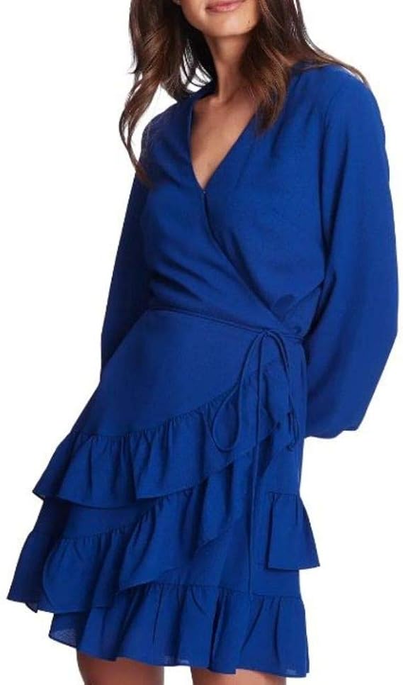1.STATE Womens Tiered Ruffle Party Wrap Dress Blue 6 at Amazon Womenâs Clothing store
