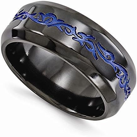 Edward Mirell Black Titanium with Blue Anodized Pattern High Polish Finish 9mm Wedding Band - Size 11