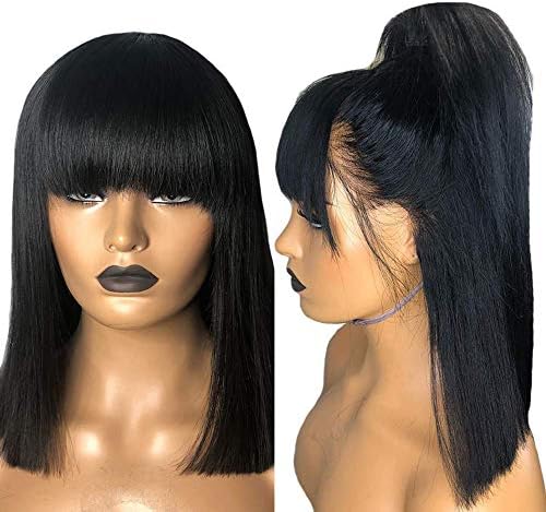 Lovely Princess Short BOb Straight hair with Bangs 13x4 Lace front wigs Brazilian Human Hair 100% Unprocessed Virgin Hair with Baby Hair Ear to Ear with Adjustable for Black Women< Natural Black10in