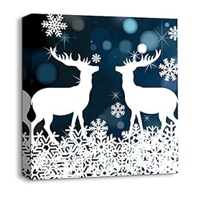 Canvas Wall Art Snow Deer Merry Christmas Painting Artwork for Home Prints Framed - 12x12 inches