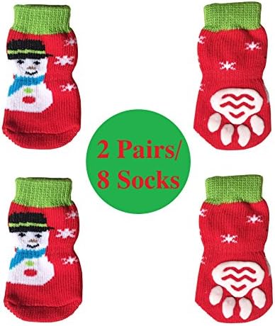 FUNPET 2 Pcs Christmas Dog Socks Protect Paws with Knit Anti-Slip Traction Soles for Pet Cats and Puppies M