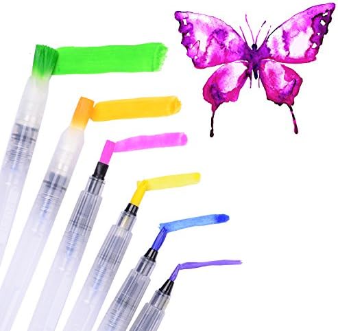 Water Coloring Brush Pens, Set of 6 assorted Brush Tips for Watercolor Painting, Water Soluble Pencils, Brush Pens, Markers, Solid Colors or Powdered Pigment-White