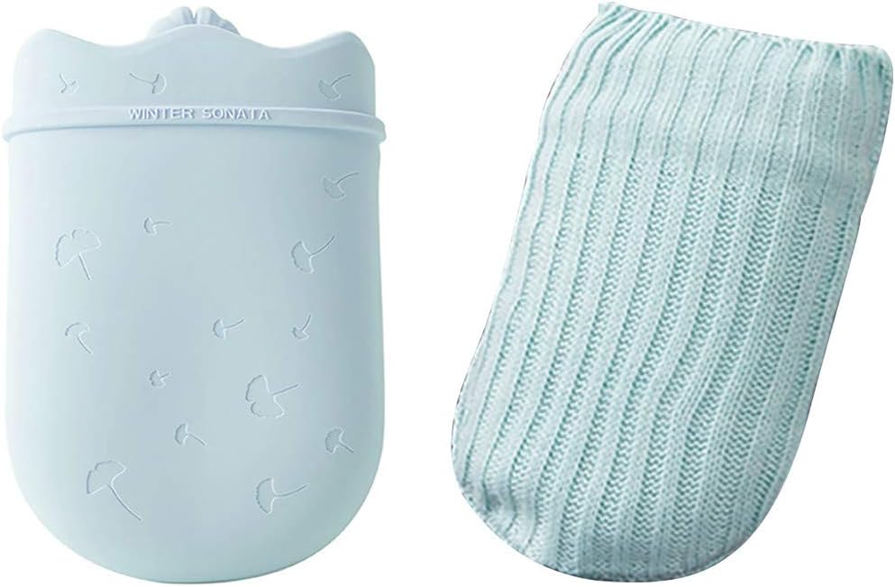 Poniu 500ml Hot Water Bottle, Water Injection, with Knit Covers, Portable Rubber Warmer Handbag, for Pain Relief, Heat Therapy, Cold Therapy (Blue)