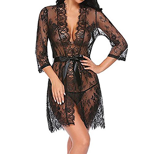 ✔ Hypothesis_X ☎ Women's Lace Kimono Robe Lingerie Eyelash Babydoll Sheer Nightwear Black