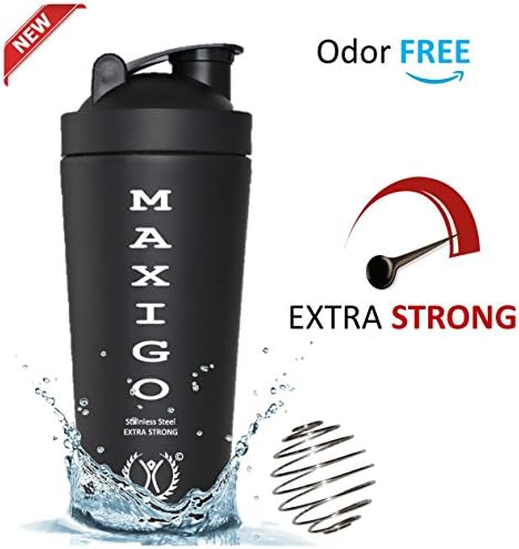EXTRA STRONG Protein Shaker Bottle -MAXIGO- Best Stainless Steel workout flask| BreakProof & AlwaysFresh| BPA Free| LeakProof| Lifetime Gym Mixer| 5xEasy Protein Hydro Cup| BONUS Blender Ball- 28oz