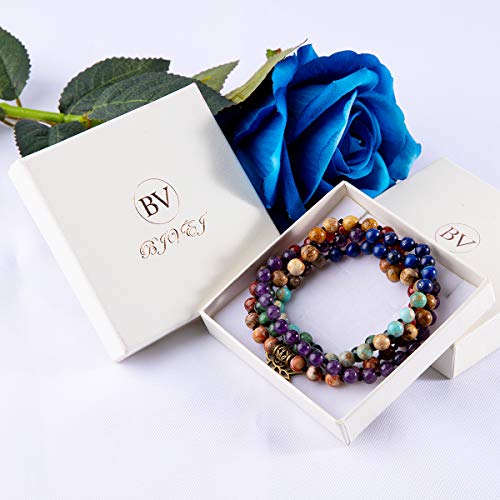 Bivei 7 Chakra 108 Mala Beads Bracelet Real Healing Gemstone Yoga Meditation Hand Knotted Mala Prayer Bead Necklace(Lotus OM)