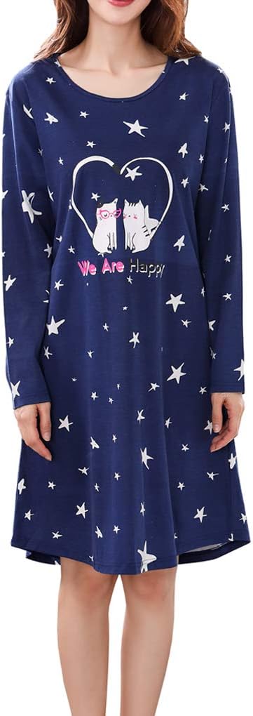 Big Gilrs Lovely Cats Patterns Nightgown Heart Shapes Star Print Nightdress