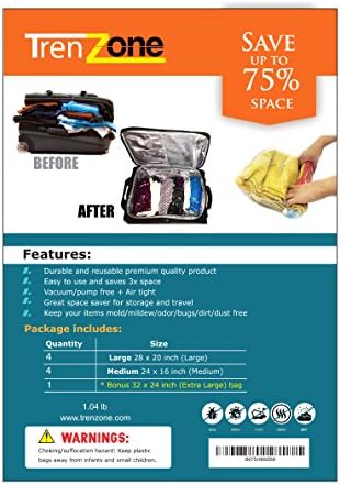 Trenz Zone Premium Vacuum-free Storage Bags for Clothes - 9 Bags (1 Extra Large - 24x32 inches, 4 Large - 20x28 inches, 4 Medium - 16x24 inches) - Roll Up Reusable Space Saver Bags for Home and Travel