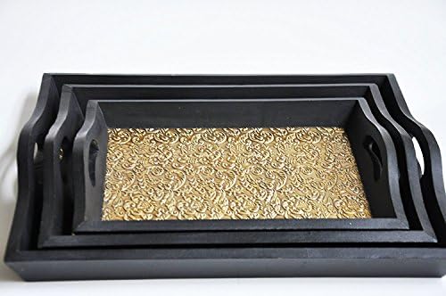 Antique Look Brass Decorated Black Wooden Handmade Service Tray With Handles for Bar, Tea, Coffee Lounge and Other Food Serving Needs 12 X 16 inch Kitchen &amp; Table Decor Accessories