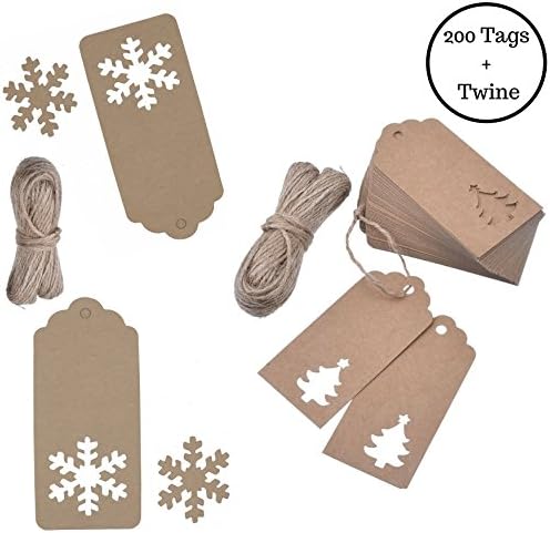 Christmas Holiday Kraft Paper Gift Tags with Twine Snowflake and Tree 200 Count Bulk Tags + 64 Feet of Twine