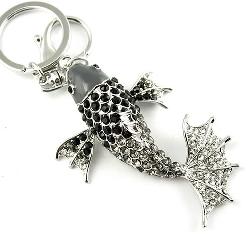 Silver Tone Rhinestone Black Koi Fish Hook Clip Keychain Charm