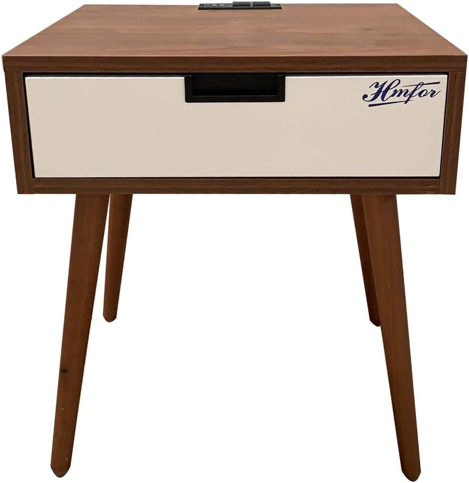Hmfor Nightstand with Drawer and Socket, Bedside Table File for Bedroom,Living Room, White
