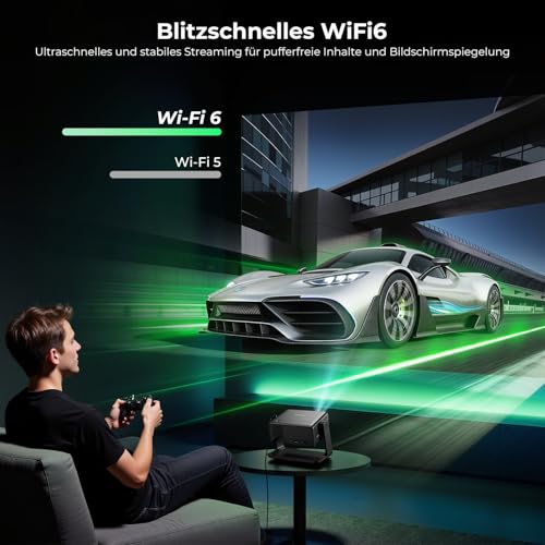 Projector Compatible with Netflix 28000 Lumens, Mini Projector 4K Supports Native 1080P, WLAN 6 and Bluetooth, Electric Focus and 4D Keystone, Over 100,000+ Apps, Home Cinema / Outdoor