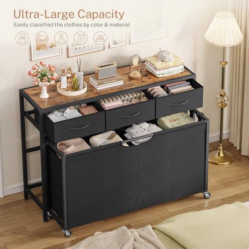 Large Laundry Sorter, 300L Rolling Laundry Hamper with 4 Section Pull-Out Bags, Laundry Basket with 3 Drawers, Laundry Hamper with Wheels, Laundry Room Organization for Bathroom Bedroom, Rustic Brown