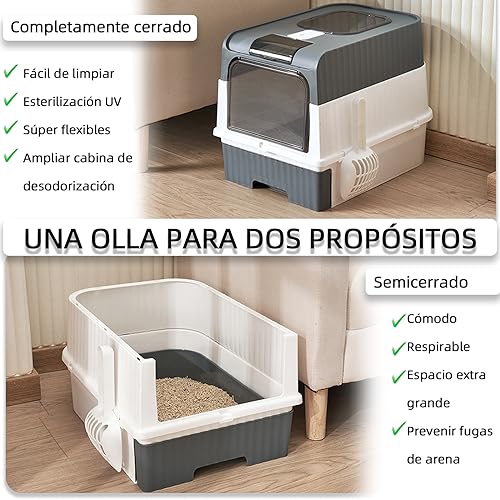 RJIHOEN Caja de Arena para Gatos Plegable,14 * 19 * 14 in Grande Cerrado Plástico Orinal para Gato,Equipada con luz Ultravioleta y Pala para Arena, fácil de Limpiar, a Prueba de olores y Salpicaduras