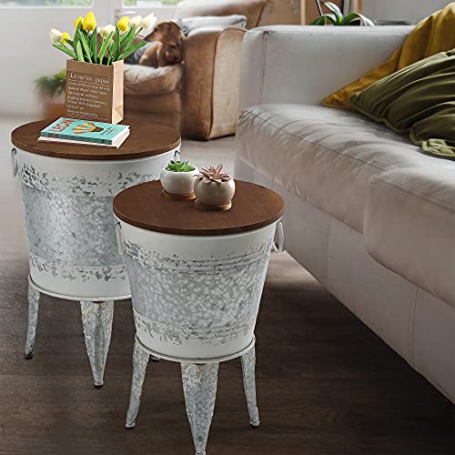 Rustic Storage Farmhouse Accent Side Table, Antique Galvanized Metal