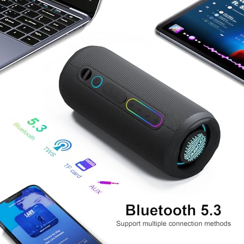 YOLOEMOT T13 Portable Bluetooth Speaker, 24W Stereo Sound Deep Bass, IPX7 Waterproof, 12H Playtime, Bluetooth 5.3, TWS Pairing, RGB Light for Shower Camping Beach Outdoor (Black)